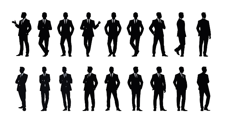 전신 남자 실루엣 일러스트 비즈니스 서기 정장 여러명 성인 팔짱 검은색 직장인 비즈니스맨 주머니손 성인남자만 국내일러스트 AI파일 직업 옷 컬러 다수 모션 촬영기법 사람 남자만 성인만 파일형식 벡터