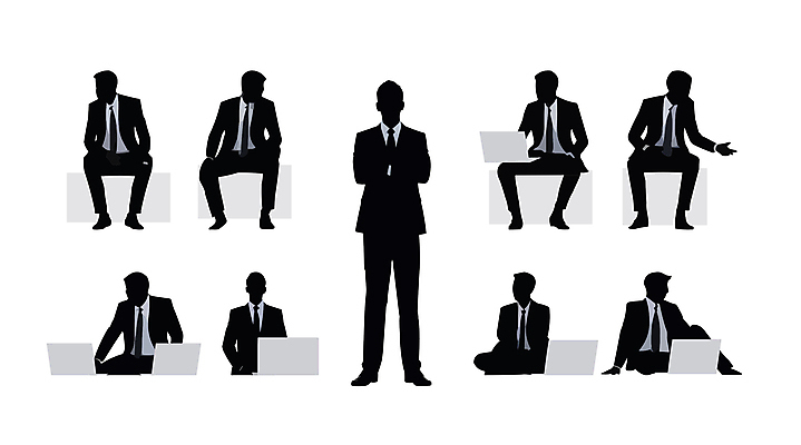 전신 남자 실루엣 일러스트 비즈니스 앉기 정장 여러명 성인 노트북 팔짱 검은색 직장인 비즈니스맨 성인남자만 국내일러스트 AI파일 직업 옷 컬러 다수 모션 촬영기법 사람 전자제품 남자만 성인만 파일형식 벡터