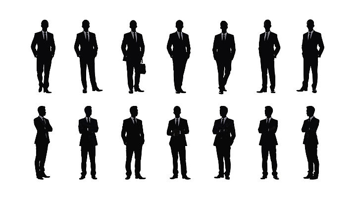 전신 남자 실루엣 일러스트 비즈니스 서기 정장 여러명 성인 팔짱 검은색 직장인 비즈니스맨 주머니손 성인남자만 국내일러스트 AI파일 직업 옷 컬러 다수 모션 촬영기법 사람 남자만 성인만 파일형식 벡터