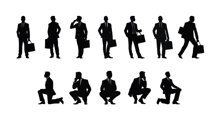 전신 남자 실루엣 서류가방 일러스트 비즈니스 서기 들기 정장 여러명 성인 검은색 직장인 비즈니스맨 웅크림 성인남자만 국내일러스트 AI파일 직업 옷 컬러 다수 가방 모션 촬영기법 사람 남자만 성인만 파일형식 벡터