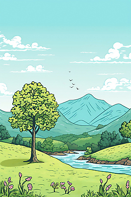 JPG 나무 구름 백그라운드 일러스트 자연 하늘 산 풍경 사람없음 강 들꽃 국내일러스트 AI일러스트 AI콘텐츠 자연요소 식물 꽃 생태계 파일형식