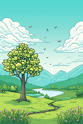 JPG 나무 구름 백그라운드 일러스트 자연 하늘 산 풍경 사람없음 강 들꽃 국내일러스트 AI일러스트 AI콘텐츠 자연요소 식물 꽃 생태계 파일형식