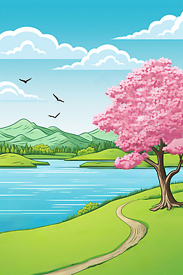 JPG 구름 백그라운드 일러스트 자연 하늘 산 꽃나무 풍경 사람없음 강 국내일러스트 AI일러스트 AI콘텐츠 자연요소 나무 꽃 생태계 파일형식