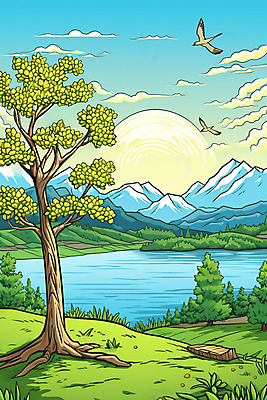 JPG 나무 구름 백그라운드 일러스트 자연 하늘 산 풍경 사람없음 강 국내일러스트 AI일러스트 AI콘텐츠 자연요소 식물 생태계 파일형식