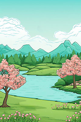 JPG 구름 백그라운드 일러스트 자연 하늘 산 꽃나무 풍경 사람없음 강 들꽃 국내일러스트 AI일러스트 AI콘텐츠 자연요소 나무 꽃 생태계 파일형식