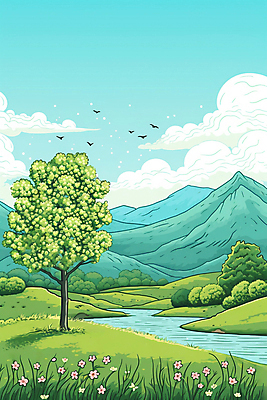 JPG 나무 구름 백그라운드 일러스트 자연 하늘 산 풍경 사람없음 강 들꽃 국내일러스트 AI일러스트 AI콘텐츠 자연요소 식물 꽃 생태계 파일형식