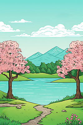 JPG 구름 백그라운드 일러스트 자연 하늘 산 꽃나무 풍경 사람없음 강 들꽃 국내일러스트 AI일러스트 AI콘텐츠 자연요소 나무 꽃 생태계 파일형식