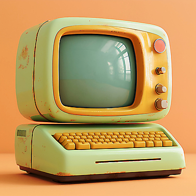 JPG 편집이미지 사람없음 컴퓨터 3D 모니터 주황색 키보드 빈티지 오브젝트 복고 편집3D AI컴퓨터그래픽 AI콘텐츠 컬러 컨셉 전자제품 디지털합성 파일형식