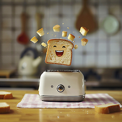 JPG 편집이미지 캐릭터 음식 표정 웃음 사람없음 주방 천 식빵 브런치 토스트 토스트기 편집실사 AI컴퓨터그래픽 AI콘텐츠 빵 식사 가전제품 직물 CG 파일형식