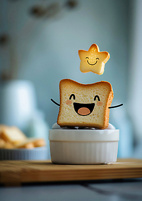 JPG 편집이미지 캐릭터 그릇 별 음식 도마 표정 웃음 사람없음 식빵 브런치 토스트 편집실사 AI컴퓨터그래픽 AI콘텐츠 자연요소 식기 빵 주방용품 식사 CG 파일형식