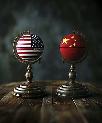 JPG 편집이미지 나라 사람없음 지구본 미국 중국 성조기 국기 오성홍기 무역 나무바닥 분쟁 무역전쟁 편집실사 AI컴퓨터그래픽 AI콘텐츠 산업 아시아 북아메리카 바닥 사회이슈 CG 파일형식