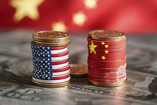 JPG 편집이미지 나라 사람없음 미국 중국 성조기 국기 오성홍기 무역 동전탑 분쟁 무역전쟁 편집실사 AI컴퓨터그래픽 AI콘텐츠 산업 아시아 북아메리카 쌓기 동전 사회이슈 CG 파일형식