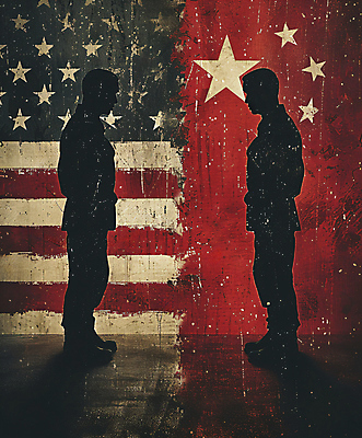 JPG 편집이미지 실루엣 나라 사람모양 마주보기 미국 중국 성조기 국기 오성홍기 무역 질감 분쟁 무역전쟁 편집실사 AI컴퓨터그래픽 AI콘텐츠 모양 산업 아시아 북아메리카 모션 촬영기법 사회이슈 CG 파일형식