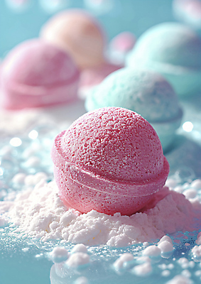 JPG 편집이미지 사람없음 위생용품 목욕 원형 오브젝트 입욕제 파스텔톤 편집실사 AI포토 AI콘텐츠 도형 컬러 생활용품 청결 CG 파일형식