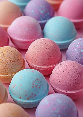 JPG 편집이미지 사람없음 위생용품 목욕 원형 오브젝트 입욕제 파스텔톤 편집실사 AI포토 AI콘텐츠 도형 컬러 생활용품 청결 CG 파일형식