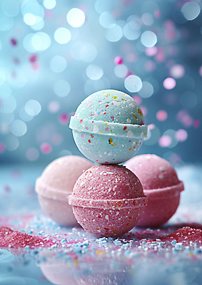 JPG 편집이미지 사람없음 위생용품 목욕 원형 오브젝트 입욕제 파스텔톤 편집실사 AI포토 AI콘텐츠 도형 컬러 생활용품 청결 CG 파일형식