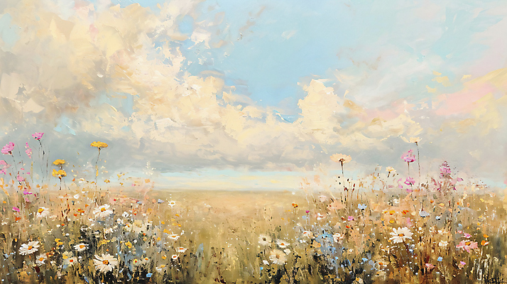 JPG 백그라운드 일러스트 자연 하늘 풍경 사람없음 들꽃 스케치 그림 유화 풍경화 국내일러스트 AI일러스트 AI콘텐츠 꽃 미술 생태계 파일형식