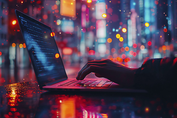 JPG 편집이미지 손 근접촬영 신체부위 노트북 빛 어둠 타이핑 도시 네온 개발 프로그래머 편집실사 AI인물포토 AI콘텐츠 직업 뷰포인트 사람 전자제품 CG 파일형식 AI포토