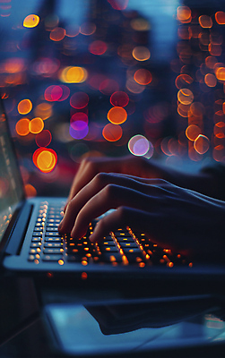 JPG 편집이미지 손 근접촬영 신체부위 노트북 빛 어둠 타이핑 도시 네온 개발 프로그래머 편집실사 AI인물포토 AI콘텐츠 직업 뷰포인트 사람 전자제품 CG 파일형식 AI포토