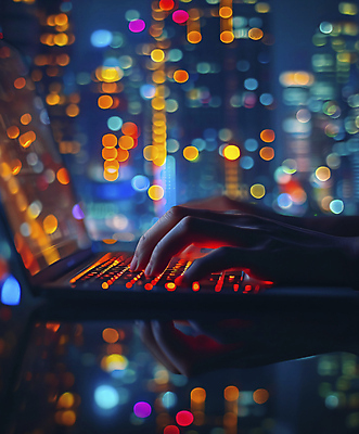 JPG 편집이미지 손 근접촬영 신체부위 노트북 빛 어둠 타이핑 도시 네온 개발 프로그래머 편집실사 AI인물포토 AI콘텐츠 직업 뷰포인트 사람 전자제품 CG 파일형식 AI포토