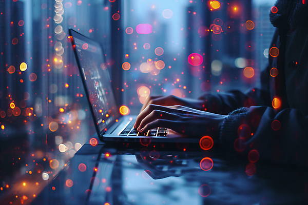 JPG 편집이미지 손 근접촬영 신체부위 노트북 빛 어둠 타이핑 도시 네온 개발 프로그래머 편집실사 AI인물포토 AI콘텐츠 직업 뷰포인트 사람 전자제품 CG 파일형식 AI포토