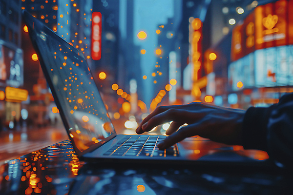 JPG 편집이미지 손 근접촬영 신체부위 노트북 빛 어둠 타이핑 도시 네온 개발 프로그래머 편집실사 AI인물포토 AI콘텐츠 직업 뷰포인트 사람 전자제품 CG 파일형식 AI포토