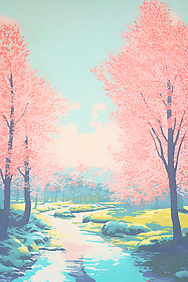 JPG 분홍색 일러스트 자연 하늘 풍경 사람없음 강 봄풍경 봄 벚꽃 국내일러스트 AI일러스트 AI콘텐츠 계절 꽃 컬러 생태계 파일형식