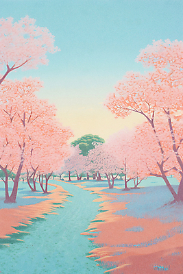 JPG 공원 분홍색 일러스트 자연 하늘 풍경 사람없음 봄풍경 봄 산책로 벚꽃 국내일러스트 AI일러스트 AI콘텐츠 계절 공공시설 꽃 길 컬러 생태계 파일형식