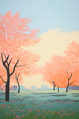 JPG 공원 백그라운드 일러스트 자연 하늘 풍경 사람없음 주황색 봄 들꽃 벚꽃 국내일러스트 AI일러스트 AI콘텐츠 계절 공공시설 꽃 컬러 생태계 파일형식