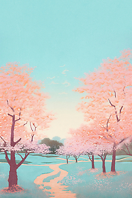 JPG 공원 분홍색 일러스트 자연 하늘 풍경 사람없음 봄풍경 봄 산책로 벚꽃 국내일러스트 AI일러스트 AI콘텐츠 계절 공공시설 꽃 길 컬러 생태계 파일형식