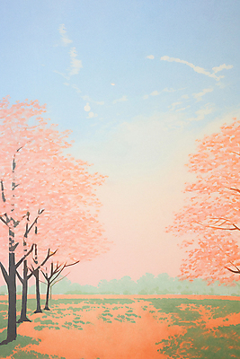 JPG 공원 분홍색 일러스트 자연 하늘 풍경 사람없음 봄풍경 봄 산책로 벚꽃 국내일러스트 AI일러스트 AI콘텐츠 계절 공공시설 꽃 길 컬러 생태계 파일형식