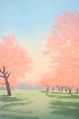JPG 공원 분홍색 일러스트 자연 하늘 풍경 사람없음 봄풍경 봄 벚꽃 국내일러스트 AI일러스트 AI콘텐츠 계절 공공시설 꽃 컬러 생태계 파일형식