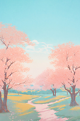 JPG 공원 분홍색 일러스트 자연 하늘 풍경 사람없음 봄풍경 봄 산책로 벚꽃 국내일러스트 AI일러스트 AI콘텐츠 계절 공공시설 꽃 길 컬러 생태계 파일형식