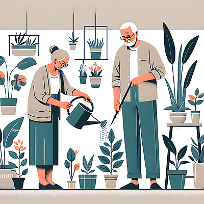 JPG 전신 여자 할아버지 노년 남자 화분 할머니 화초 일러스트 취미 두명 실버라이프 물뿌리개 실버 물주기 원예 노인만 국내일러스트 AI일러스트 AI콘텐츠 식물 라이프스타일 모션 사람 성인 성인만 파일형식