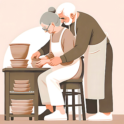 JPG 전신 여자 할아버지 노년 남자 할머니 의자 일러스트 탁자 앉기 취미 두명 실버라이프 앞치마 화목 도움 도자기 실버 도자기공예 도예가 노인만 국내일러스트 AI일러스트 AI콘텐츠 직업 라이프스타일 가구 컨셉 모션 사람 성인 공예 성인만 파일형식