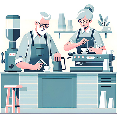 JPG 여자 할아버지 노년 남자 안경 할머니 의자 일러스트 상반신 취미 두명 컵 실버라이프 눈감음 앞치마 카페 붓기 실버 커피잔 커피메이커 노인만 국내일러스트 AI일러스트 AI콘텐츠 라이프스타일 식기 잡화 커피 가구 모션 잔 사람 성인 상점 커피용품 성인만 파일형식