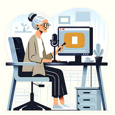 JPG 전신 여자 노년 할머니 의자 일러스트 한명 앉기 취미 실버라이프 모니터 실버 책상 마이크 방송 소통 노인여자한명만 국내일러스트 AI일러스트 AI콘텐츠 1 라이프스타일 음향기기 가구 컨셉 모션 사람 성인 컴퓨터 여자한명만 노인여자만 파일형식