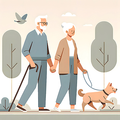 JPG 전신 나무 동물 여자 할아버지 노년 남자 할머니 일러스트 조류 지팡이 취미 두명 실버라이프 걷기 손잡기 산책 실버 목줄 노인만 국내일러스트 AI일러스트 AI콘텐츠 식물 라이프스타일 모션 휴식 사람 성인 성인만 파일형식 반려용품
