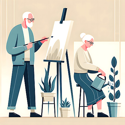 JPG 전신 여자 할아버지 노년 남자 할머니 화초 의자 일러스트 앉기 취미 두명 실버라이프 물뿌리개 붓 실버 그림 원예 캔버스 노인만 국내일러스트 AI일러스트 AI콘텐츠 식물 라이프스타일 가구 모션 사람 성인 성인만 파일형식