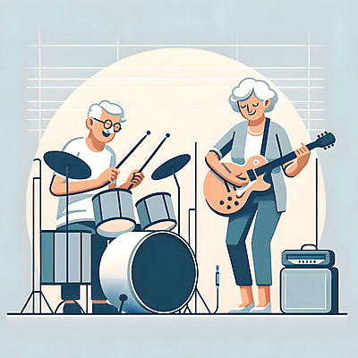 JPG 전신 여자 할아버지 노년 남자 할머니 일러스트 들기 취미 두명 실버라이프 눈감음 기타 실버 드럼 합주 치기 노인만 국내일러스트 AI일러스트 AI콘텐츠 라이프스타일 연주 모션 현악기 타악기 사람 성인 성인만 파일형식