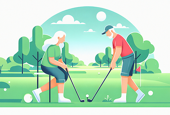 JPG 전신 나무 구름 여자 할아버지 노년 남자 할머니 일러스트 하늘 골프공 잔디 취미 두명 운동 골프채 깃발 활기 노인만 파크골프 국내일러스트 AI일러스트 AI콘텐츠 자연요소 식물 컨셉 골프 공 골프용품 건강 사람 성인 성인만 파일형식