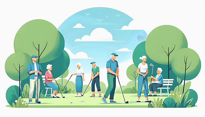 JPG 전신 나무 구름 여자 할아버지 노년 남자 할머니 벤치 일러스트 하늘 골프공 앉기 잔디 여러명 취미 운동 골프채 활기 노인만 파크골프 국내일러스트 AI일러스트 AI콘텐츠 자연요소 식물 다수 컨셉 골프 의자 공 모션 골프용품 건강 사람 성인 성인만 파일형식