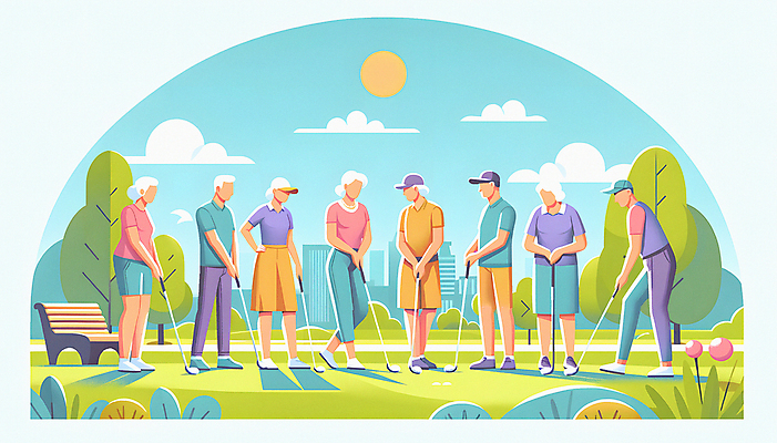 JPG 전신 나무 구름 여자 할아버지 노년 남자 할머니 벤치 일러스트 하늘 잔디 여러명 취미 건물 운동 태양 골프채 활기 노인만 파크골프 국내일러스트 AI일러스트 AI콘텐츠 자연요소 식물 건축물 다수 컨셉 골프 의자 골프용품 건강 사람 성인 성인만 파일형식