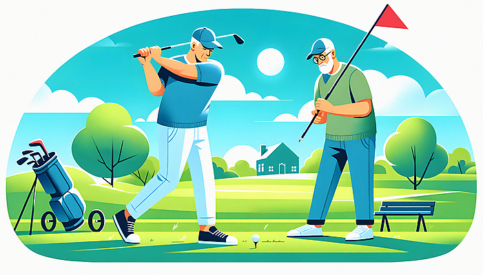 JPG 전신 나무 구름 할아버지 노년 남자 일러스트 하늘 골프공 잔디 취미 두명 건물 운동 태양 골프채 깃발 골프가방 활기 노인남자만 파크골프 국내일러스트 AI일러스트 AI콘텐츠 자연요소 식물 건축물 컨셉 골프 가방 공 골프용품 건강 사람 성인 남자만 노인만 파일형식