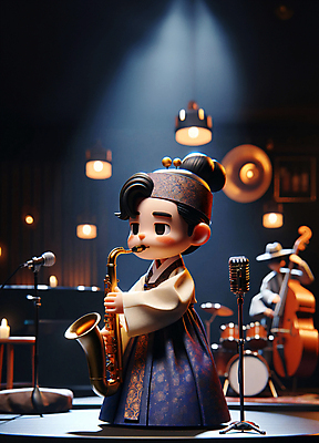 JPG 전신 편집이미지 여자 음악 연주 한명 들기 성인 취미 3D 카페 무대 바 전통의상 한복 색소폰 디지털합성 재즈 성인여자한명만 편집소스 편집3D AI컴퓨터그래픽 AI콘텐츠 1 한국전통 전통 모션 문화예술 사람 상점 목관악기 여자한명만 성인여자만 파일형식