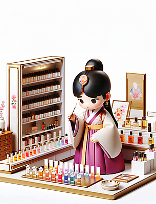 JPG 전신 편집이미지 여자 한명 성인 취미 쇼핑 3D 상품 전통의상 한복 향수 디지털합성 매대 성인여자한명만 편집소스 시향 팝업스토어 편집3D AI컴퓨터그래픽 AI콘텐츠 1 한국전통 전통 사람 상점 화장품 여자한명만 성인여자만 파일형식