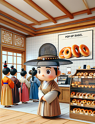 JPG 전신 편집이미지 여자 남자 빵 서기 여러명 성인 취미 3D 빵집 전통의상 한복 디지털합성 베이글 매대 줄서기 성인만 편집소스 편집3D AI컴퓨터그래픽 AI콘텐츠 한국전통 전통 음식 다수 모션 사람 상점 파일형식