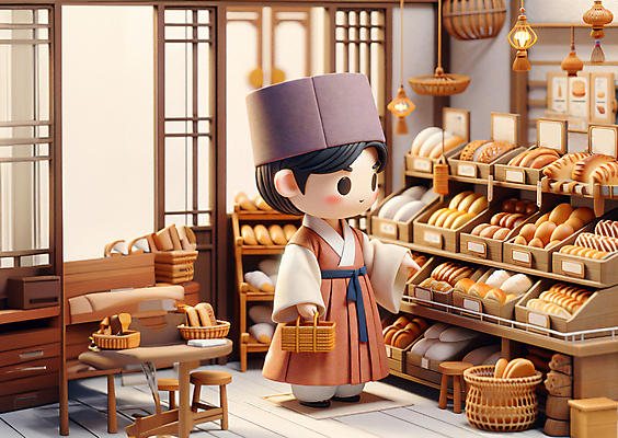 JPG 전신 편집이미지 남자 빵 한명 성인 취미 쇼핑 3D 빵집 전통의상 한복 디지털합성 매대 성인남자한명만 편집소스 편집3D AI컴퓨터그래픽 AI콘텐츠 1 한국전통 전통 음식 사람 상점 남자한명만 성인남자만 파일형식