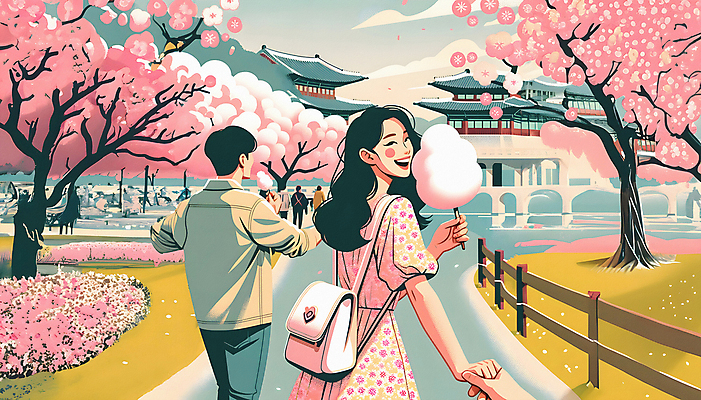 JPG 손 커플 여자 남자 여행 일러스트 한옥 웃음 상반신 성인 두명 신체부위 손잡기 봄 벚꽃 뒤돌아보기 꽃구경 벚꽃축제 솜사탕 성인만 국내일러스트 AI일러스트 AI콘텐츠 한국전통 계절 꽃 고건축 관계 모션 디저트 표정 사람 축제 꽃축제 파일형식