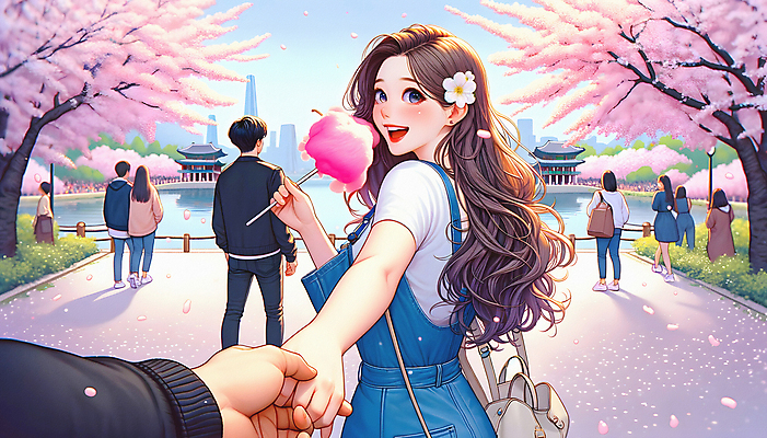 JPG 전신 손 커플 공원 여자 남자 여행 일러스트 들기 여러명 상반신 성인 신체부위 손잡기 봄 벚꽃 뒤돌아보기 꽃구경 벚꽃축제 솜사탕 성인만 국내일러스트 AI일러스트 AI콘텐츠 계절 공공시설 꽃 다수 관계 모션 디저트 사람 축제 꽃축제 파일형식